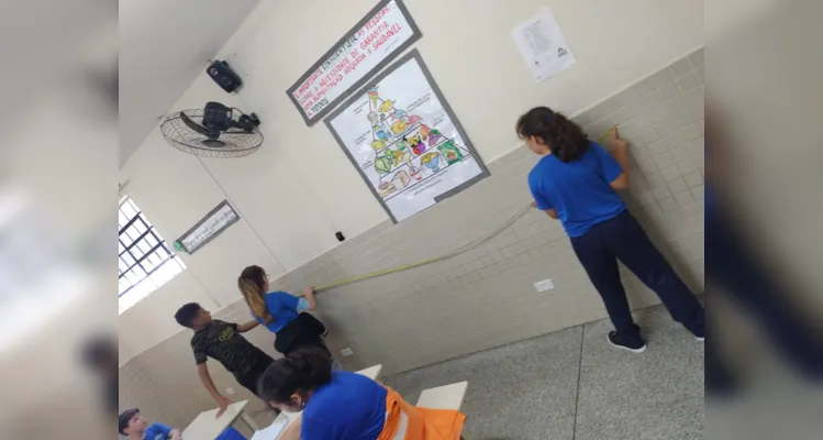 A proposta teve início em sala de aula, com a medição de materiais escolares e outros objetos. Na sequência os alunos mediram espaços e locais da escola.