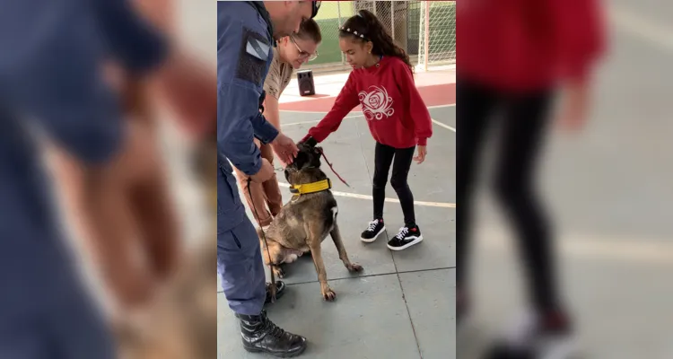 O Grupo de Operações com Cães da Guarda Civil foi até a escola e participou de um momento de interação com os estudantes.