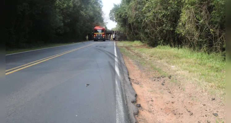 Caminhão tomba e bloqueia totalmente a PR-151, em Palmeira |