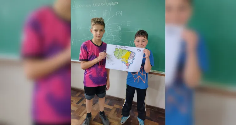 A turma também confeccionou representações do mapa do Brasil, destacando os biomas estudados.