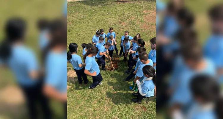 Como atividade prática, a classe foi até o jardim da escola e realizou o plantio de árvores para celebrar a data.