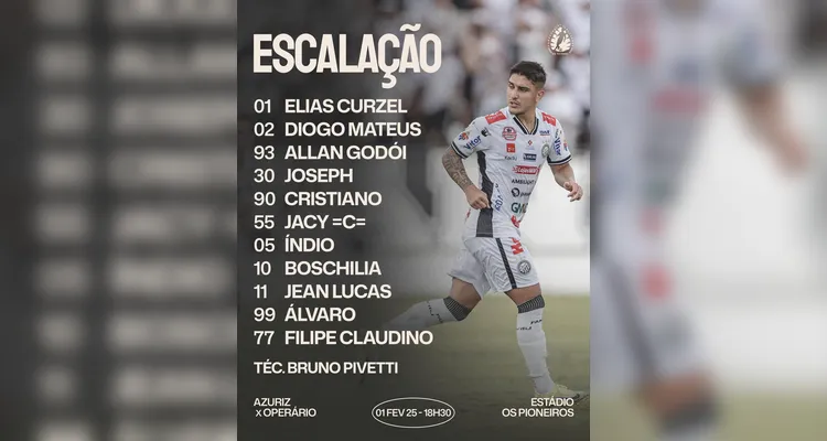 Confira os titulares do Operário para a partida.