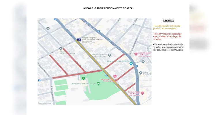 Mapa com as ruas que serão bloqueadas a partir das 15h30.