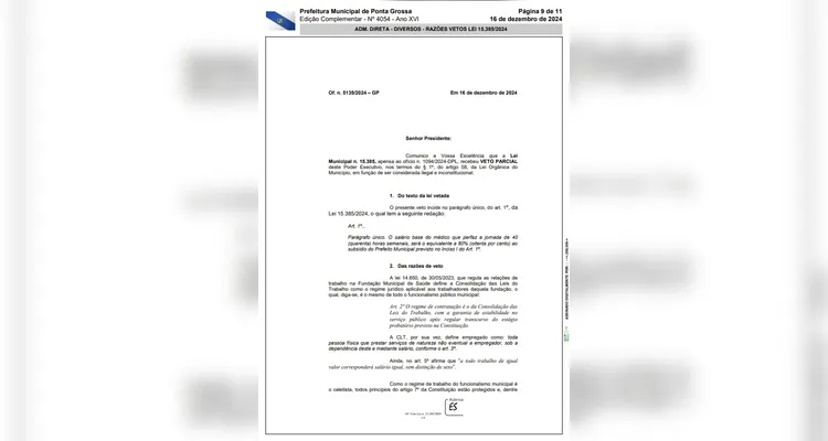 Confira ofício que veta parcialmente o artigo 1º da lei nº. 15.385/2024 |