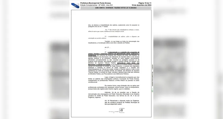 Confira ofício que veta parcialmente o artigo 1º da lei nº. 15.385/2024 |