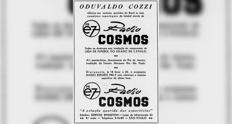 Peça publicitária da Rádio Kosmos em 1940. - Revista Sport Ilustrado, edição de 8 de agosto de 1940 