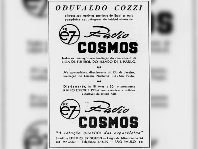 Peça publicitária da Rádio Kosmos em 1940. - Revista Sport Ilustrado, edição de 8 de agosto de 1940 
