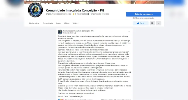 Padre de PG defende Bolsonaro e anuncia 'inferno' em texto político