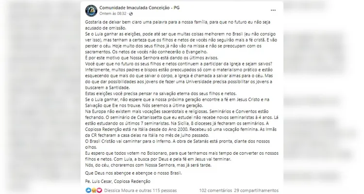 Padre de PG defende Bolsonaro e anuncia 'inferno' em texto político