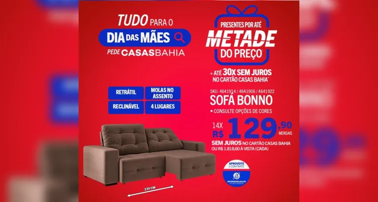 Sofá Bonno, por apenas 14x de R$ 129,90