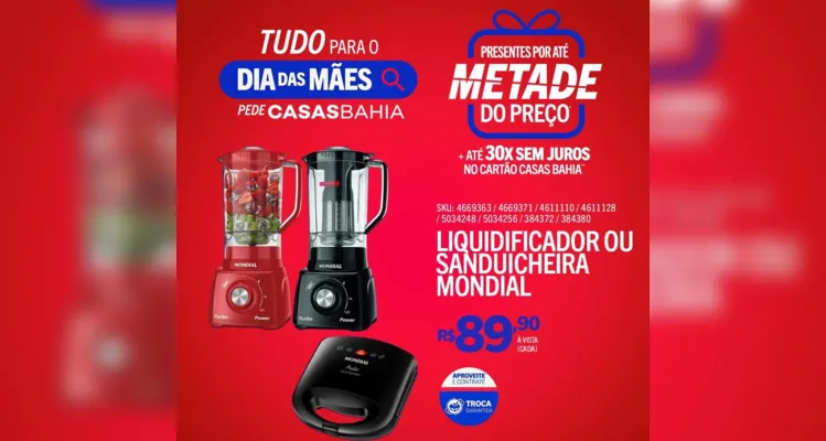 Liquidificador ou sanduicheira Mondial por apenas R$ 89,90 à vista