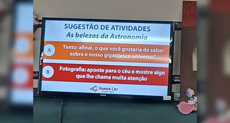 As atividades incluíram a videoaula do projeto Vamos Ler, a observação do planetário disponível na escola e a realização de fotografias diurnas e noturnas do céu feitas pelos estudantes