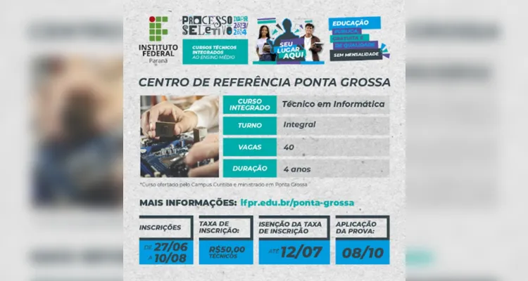 IFPR abre inscrições para curso técnico de informática em PG