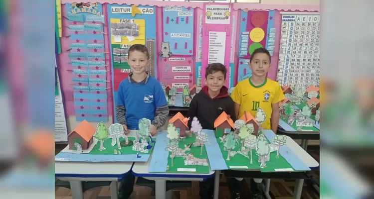 Os alunos confeccionaram maquetes de paisagens naturais e assistiram a videoaula do projeto Vamos Ler sobre a formação de PG