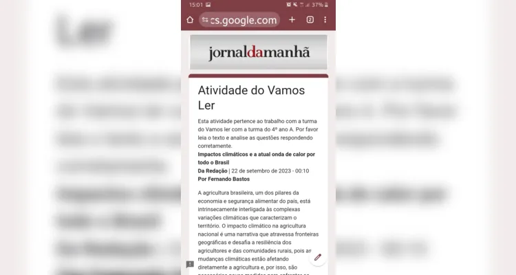 Professora fez uma avaliação da participação da turma no Vamos Ler em 2023 junto à dinâmica com o JM