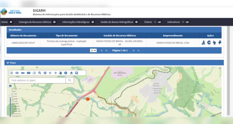 Ponto indica o local exato onde ocorrerá a captação de água, no sistema do SIGARH