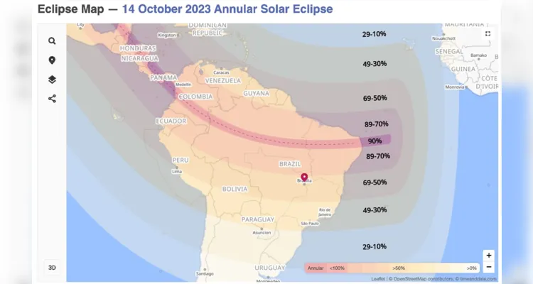 Por onde poderá ser visto o eclipse