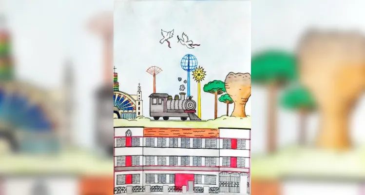 Ilustração de Isadora Nogueira representando locais marcantes da cidade e o prédio onde se localiza o colégio