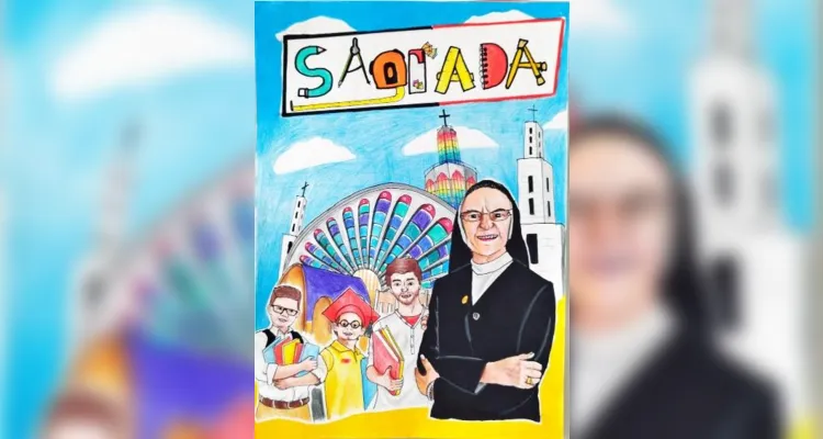 Desenho de Beatriz Pereira, representando a Catedral Sant'Anna, a Irmã Edites Bet e todas as crianças que já passaram pela insituição