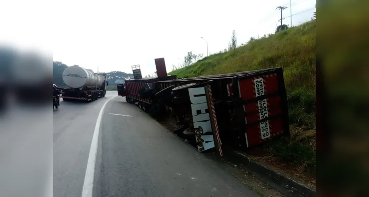 Caminhão transporta bovinos, tomba e interdita BR-277