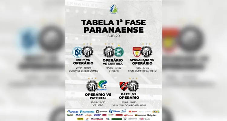 Confira a tabela completa do Operário no Campeonato Paranaense Sub-20.