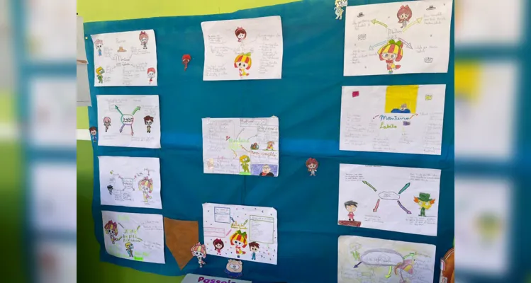 Após confeccionarem desenhos representando os personagens do Sítio do Picapau Amarelo, a turma expôs em um mural o resultado de seu trabalho.