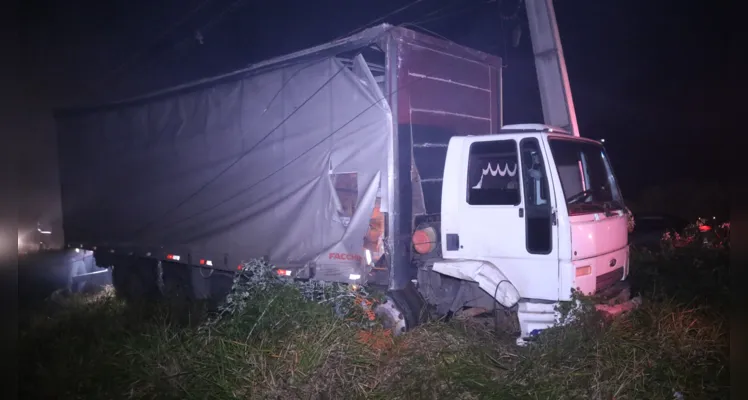 Caminhoneiro 'se perde', atinge poste e sai da pista em PG