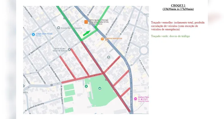 Às 13h30, as vias em vermelho serão completamente bloqueadas |