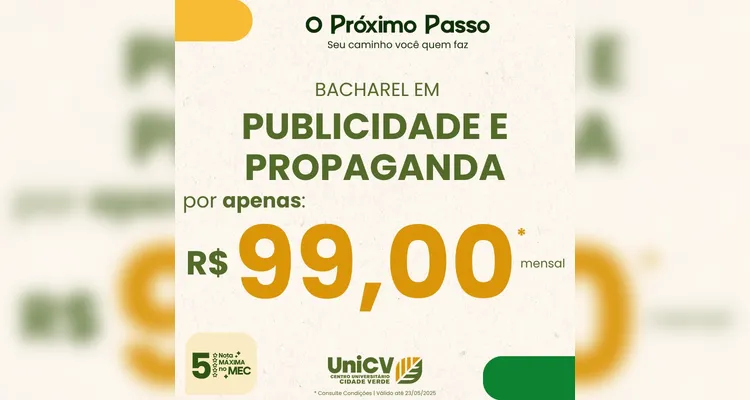 UniCV oferece cursos de graduação por apenas R$ 99 por mês até sábado