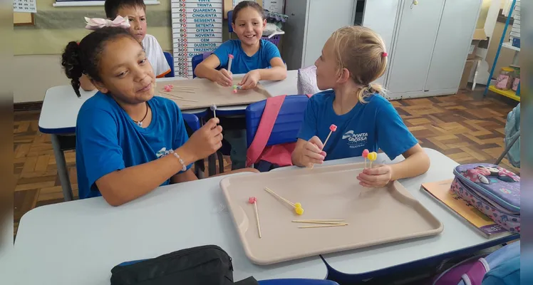 Os alunos realizaram observações, leituras do livro didático, montagens práticas de sólidos e criaram figuras tridimensionais com gomas e palitos.