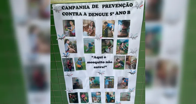 Após a realização da tarefa de eliminar focos em suas casas, as fotos realizadas pelos alunos se tornaram um mural informativo na escola.