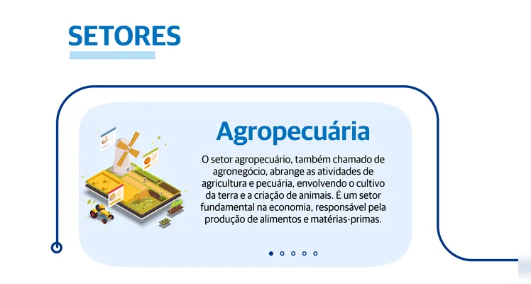 O setor agropecuário, também chamado de agronegócio, abrange as atividades de agricultura e pecuária, envolvendo o cultivo da terra e a criação de animais.