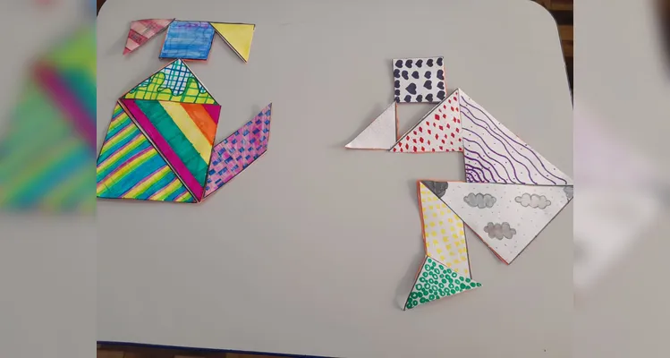 A turma também utilizou o Tangram para a confecção de desenhos.
