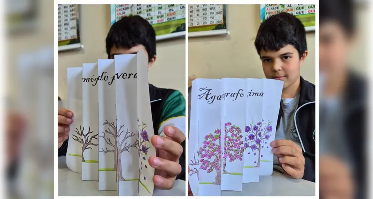 Como atividade prática, na disciplina de Artes, os alunos confeccionaram agamógrafos de primavera.