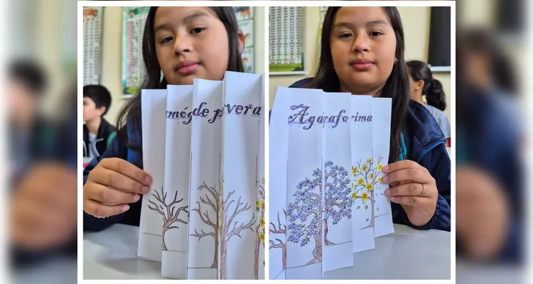 Como atividade prática, na disciplina de Artes, os alunos confeccionaram agamógrafos de primavera.