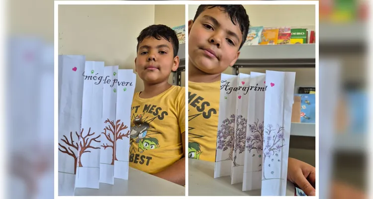 Como atividade prática, na disciplina de Artes, os alunos confeccionaram agamógrafos de primavera.