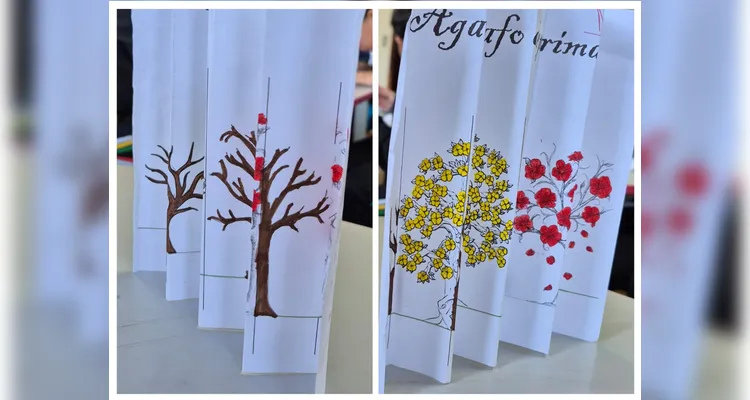 Como atividade prática, na disciplina de Artes, os alunos confeccionaram agamógrafos de primavera.