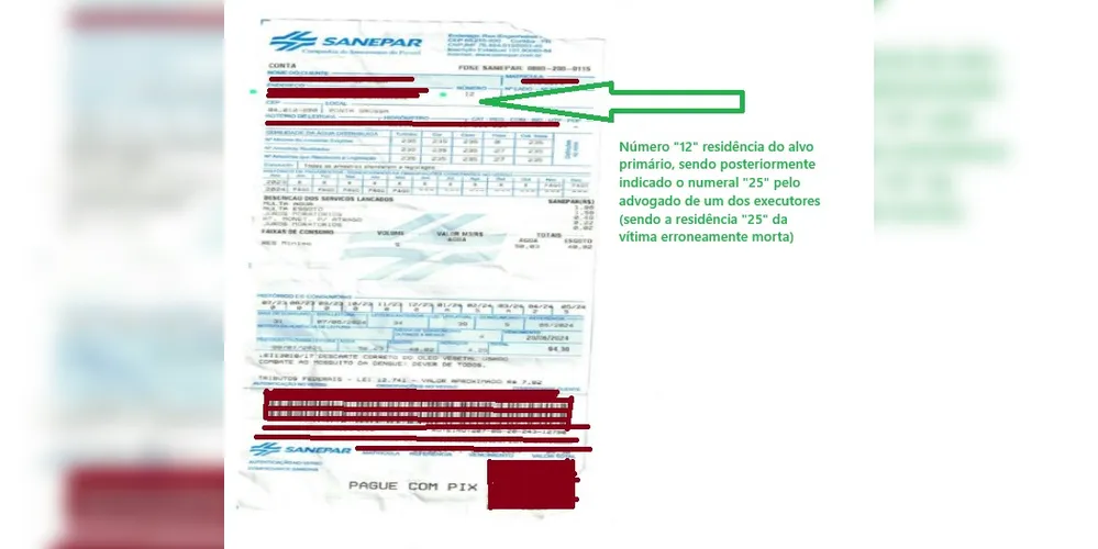 Conta de água enviada pelo advogado a um dos executores, ao consultar a tornozeleira eletrônica do alvo primário
