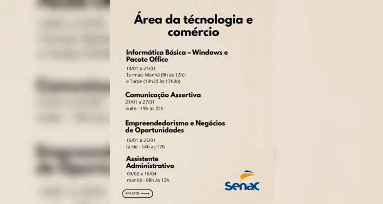 Senac oferece cursos gratuitos em Ponta Grossa com vagas limitadas para 2026