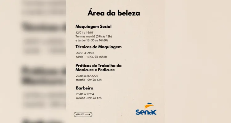 Senac oferece cursos gratuitos em Ponta Grossa com vagas limitadas para 2026