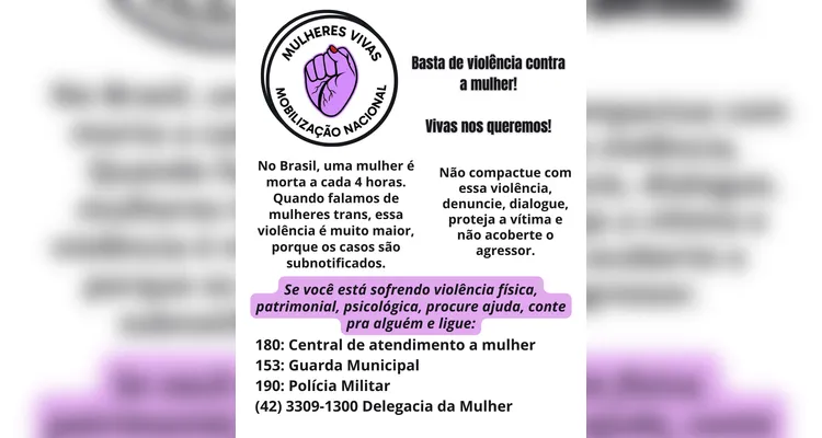 Ato 'Levante Mulheres Vivas' ocorre neste domingo em Ponta Grossa