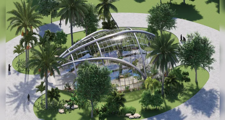 Com vidros e perfis metálicos, a 'Estufa Tropical' se inspira na pinha