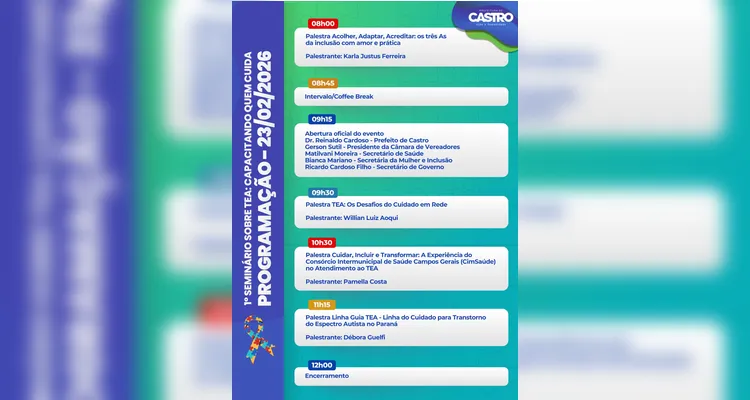 Castro promove 1º seminário sobre o Transtorno do Espectro Autista na segunda-feira