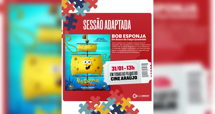 Cine Araújo promove sessão inclusiva do filme Bob Esponja em Ponta Grossa