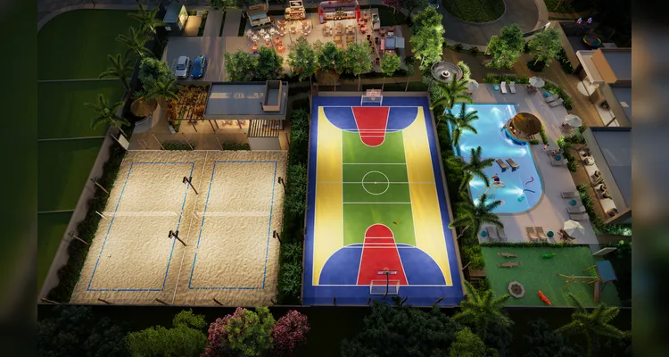 O Garden Spots reúne duas quadras de beach tennis, quadra poliesportiva e Sport Grill
