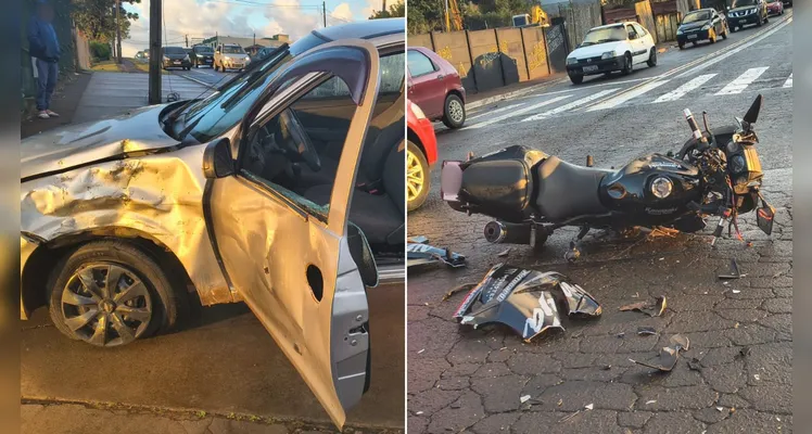Devido ao impacto da batida, o motociclista acabou caindo no chão