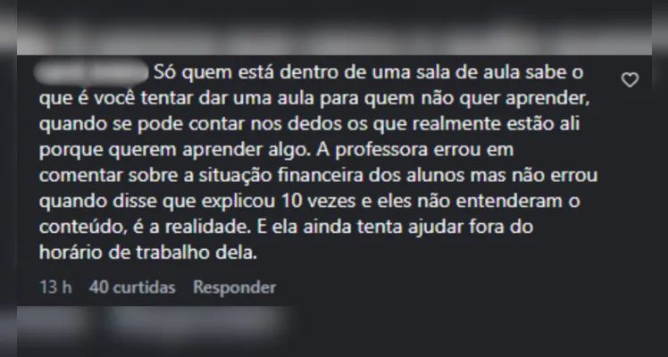Comentários da publicação com o áudio da professora