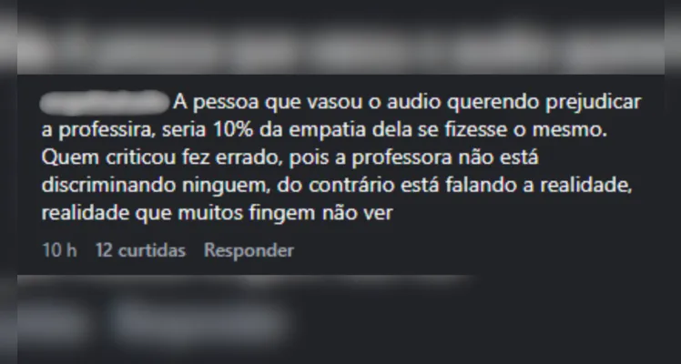Comentários da publicação com o áudio da professora
