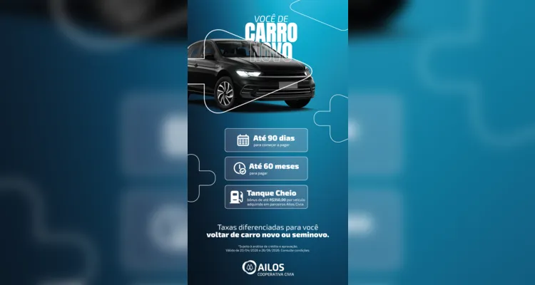 Cooperativa oferece até 90 dias para o cliente começar a pagar o financiamento de veículos