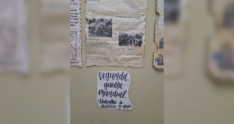 Os estudantes realizaram produções inspiradas em jornais antigos, utilizando elementos visuais e textuais que remetem ao período histórico estudado.